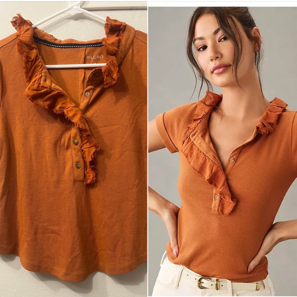 Anthropologie Orange Ruffled Short Sleeve Blouse